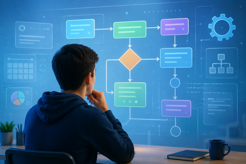 Estudante organizando ideias digitais com blocos lógicos e fluxogramas, representando pensamento computacional antes da programação.